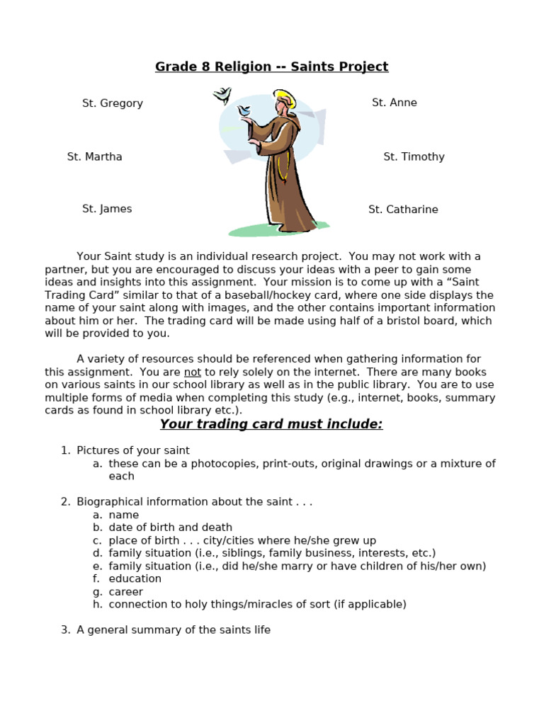 Grade 8 Saints Project Guidelines | PDF | Saint