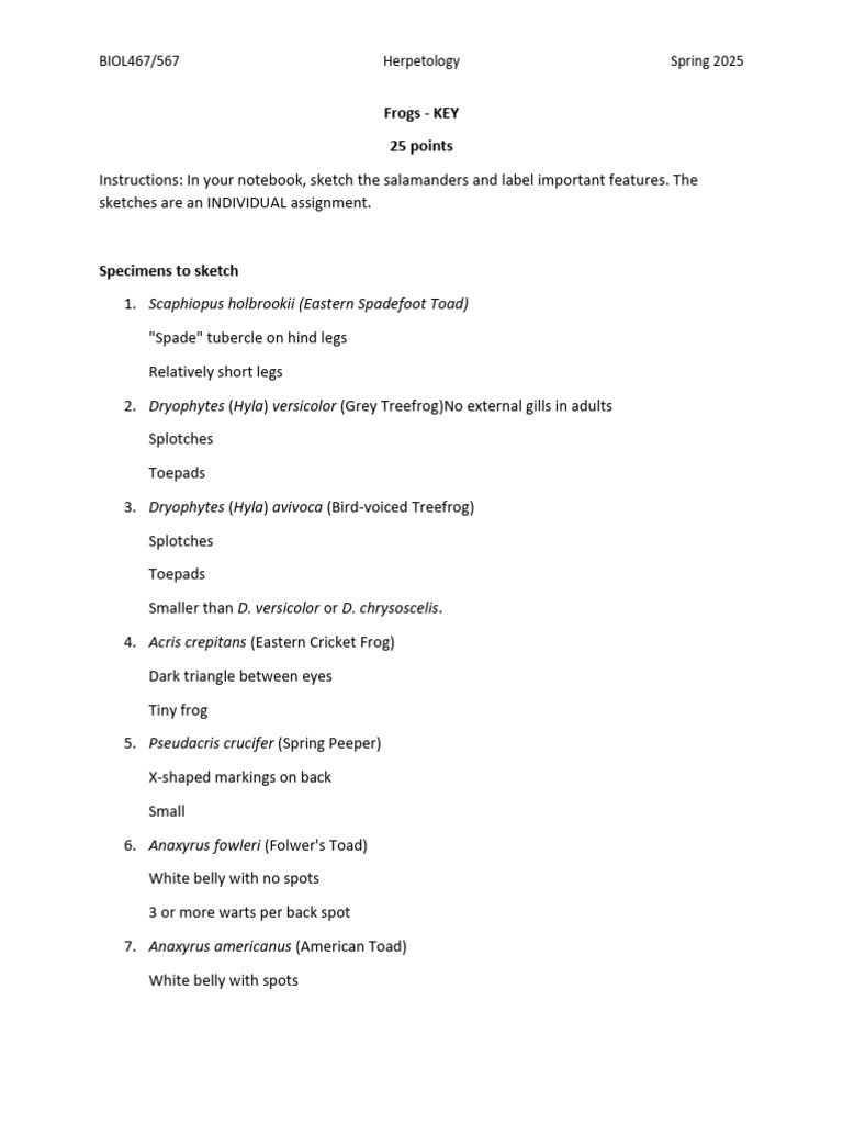 Frogs SP25 Handout(1) | PDF | Frog | Amphibian