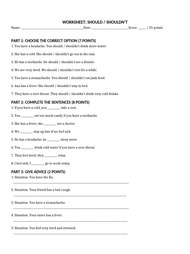 Health Advice Worksheet: Should/Shouldn't | PDF