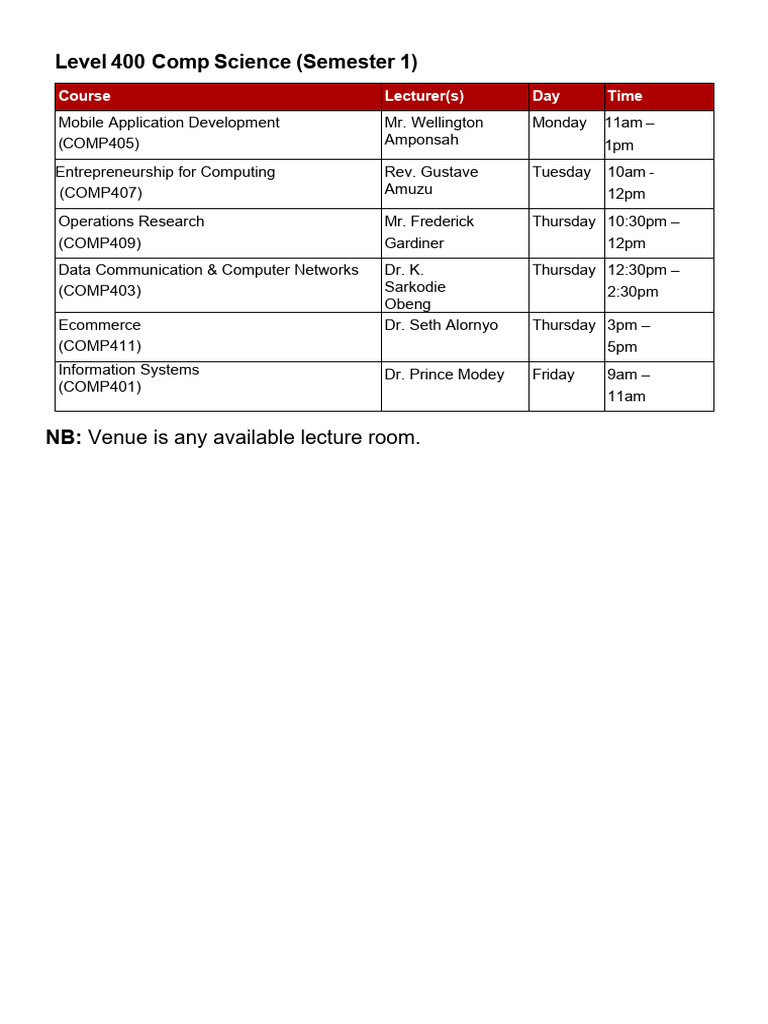 StudentTimetableLvl400_S1 | PDF