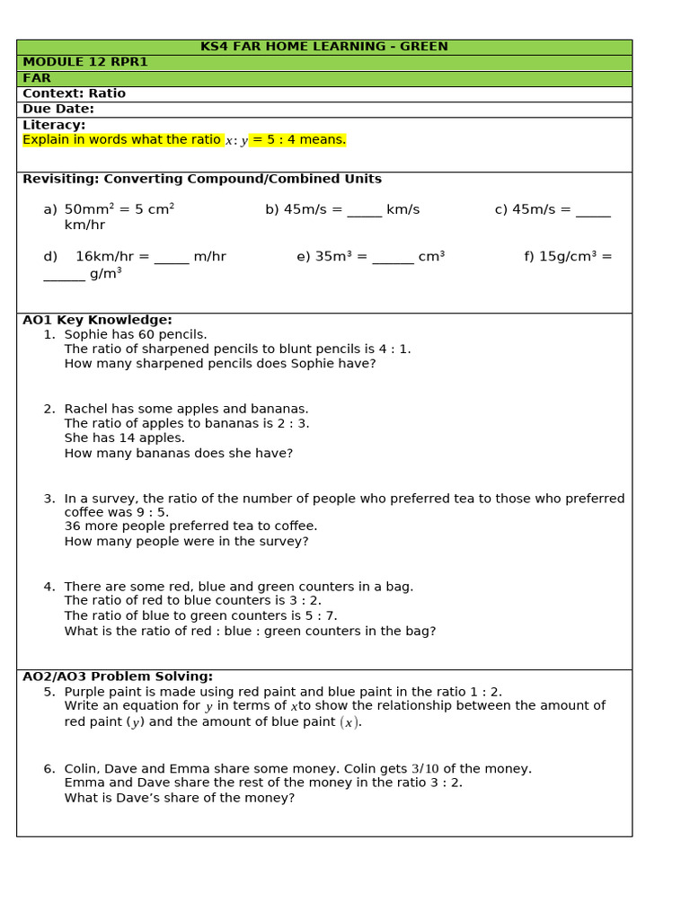 KS4 Ratio and Unit Conversion Exercises | PDF