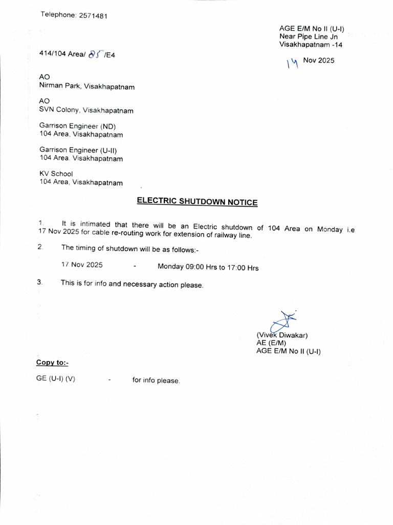 Electric Shutdown Notice for 104 Area | PDF