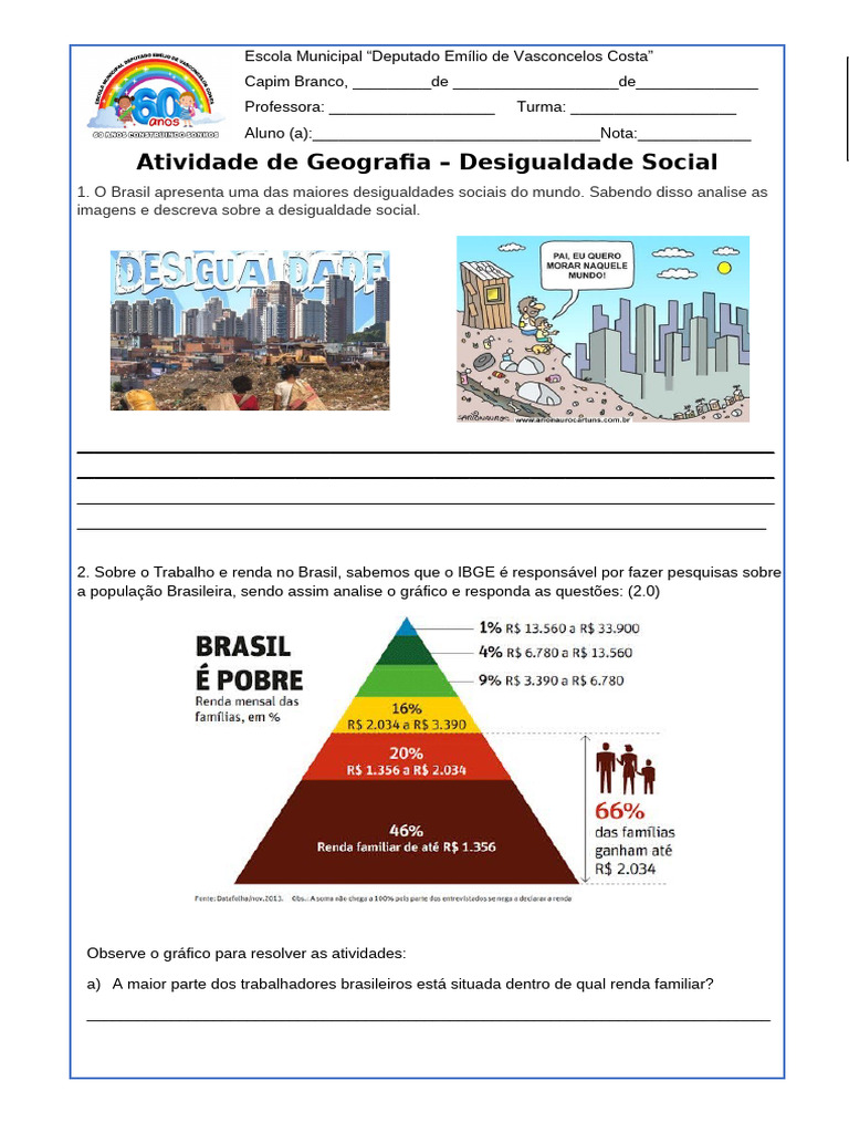 Atividade de Geografia: Desigualdade Social | PDF | Desigualdade social ...