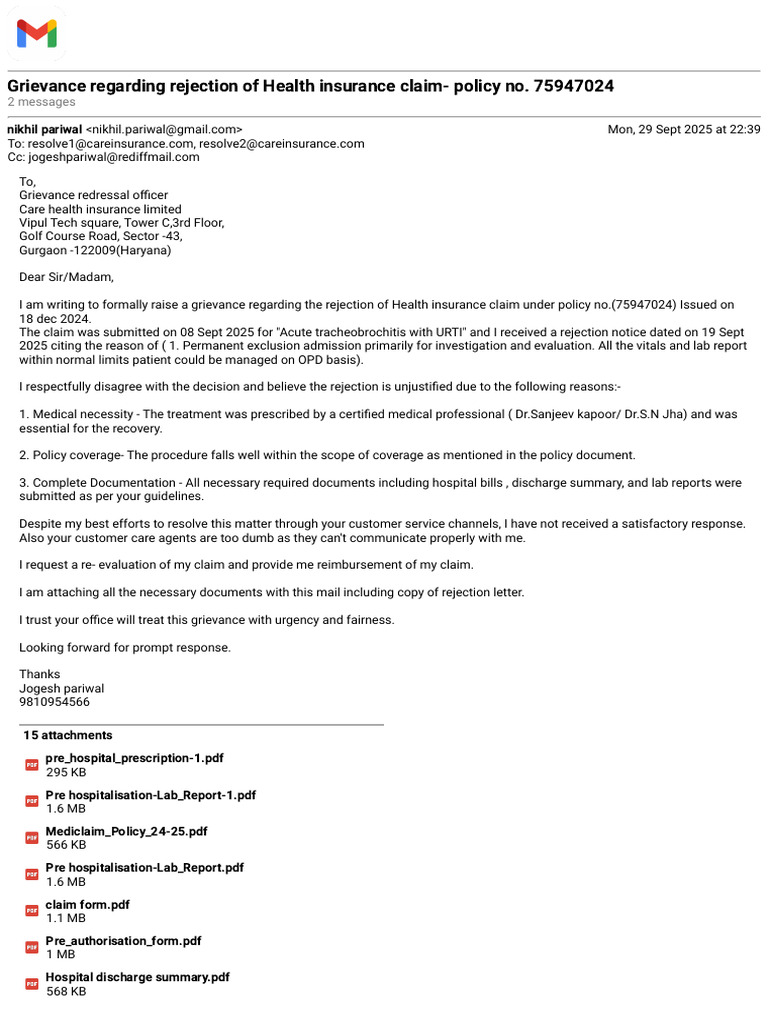 Grievance on Health Insurance Claim Denial | PDF | Health Care