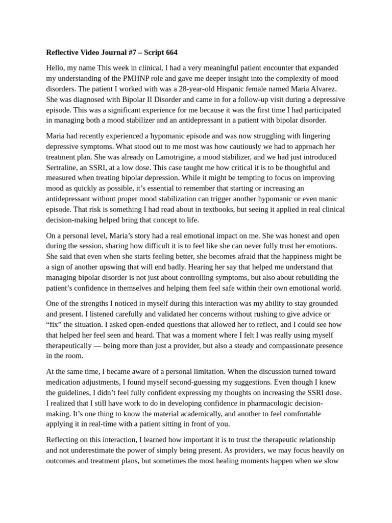 664 Reflective Video Journal 7 | PDF | Mood Disorders | Bipolar Disorder