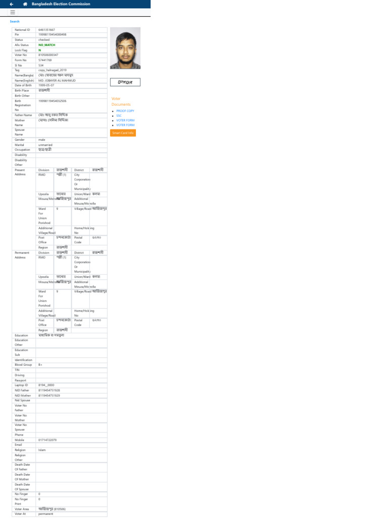 Voter Information for MD. Jobayer Al Mahmud | PDF | Identity Document ...
