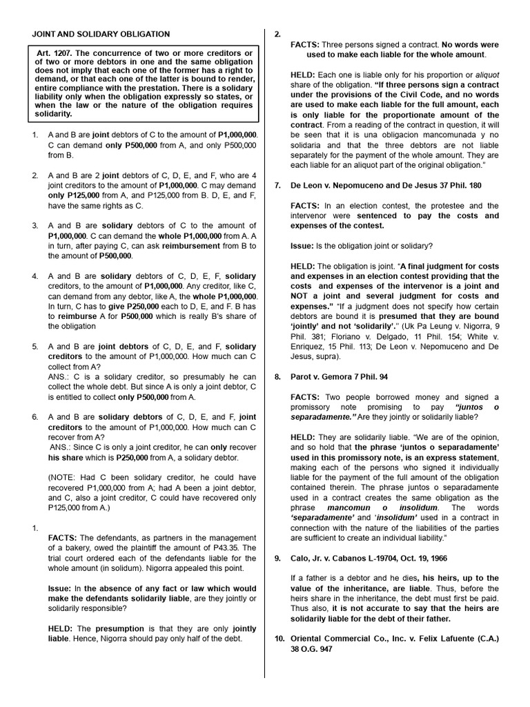 Understanding Joint vs. Solidary Obligations | PDF | Surety | Legal ...