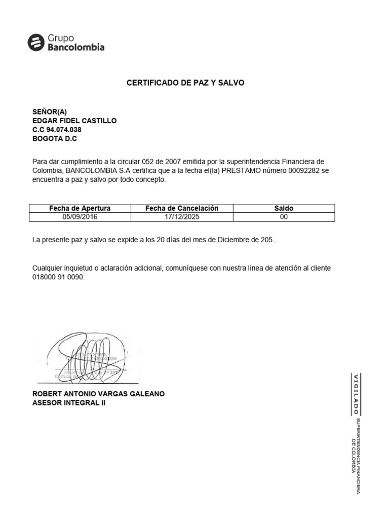 Certificado de Paz y Salvo Bancolombia | PDF
