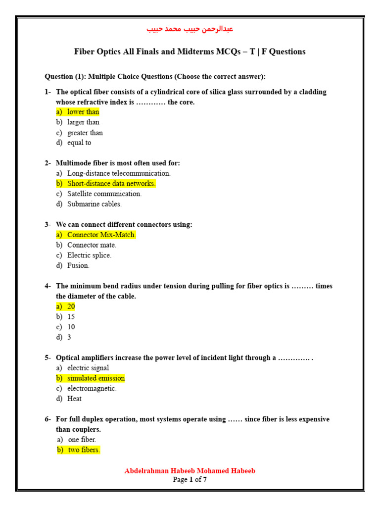 Fiber Optics MCQs and True/False Quiz | PDF | Optical Fiber | Fiber ...