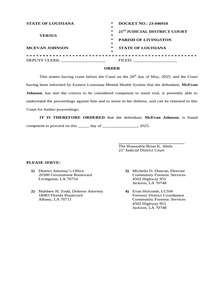 Johnson, McEvan - Competent To Proceed Order (05!20!25) | PDF