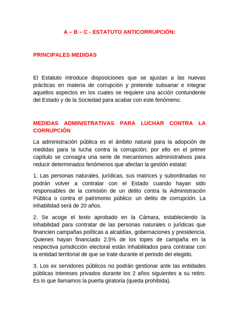Medidas del Estatuto Anticorrupción | PDF | Corrupción política | Soborno