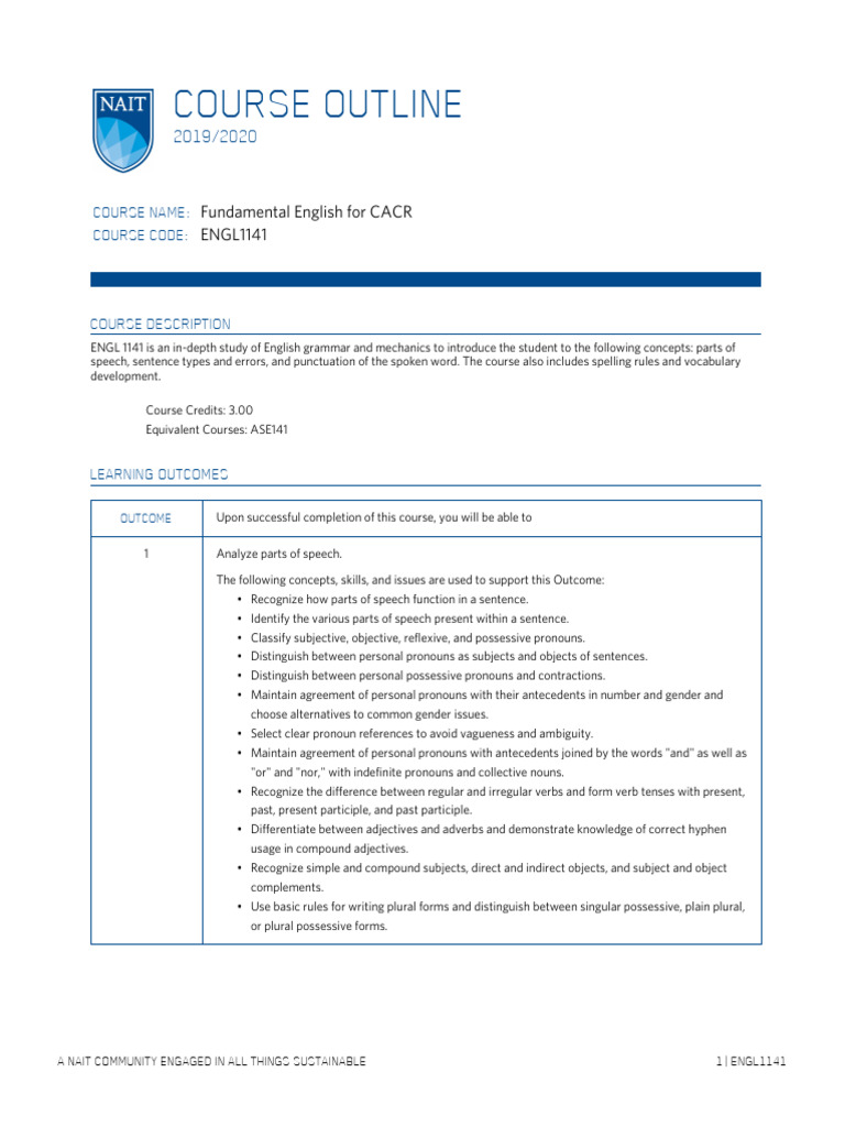 Fundamental English Course Outline ENGL1141 | PDF | Pronoun | Part Of ...