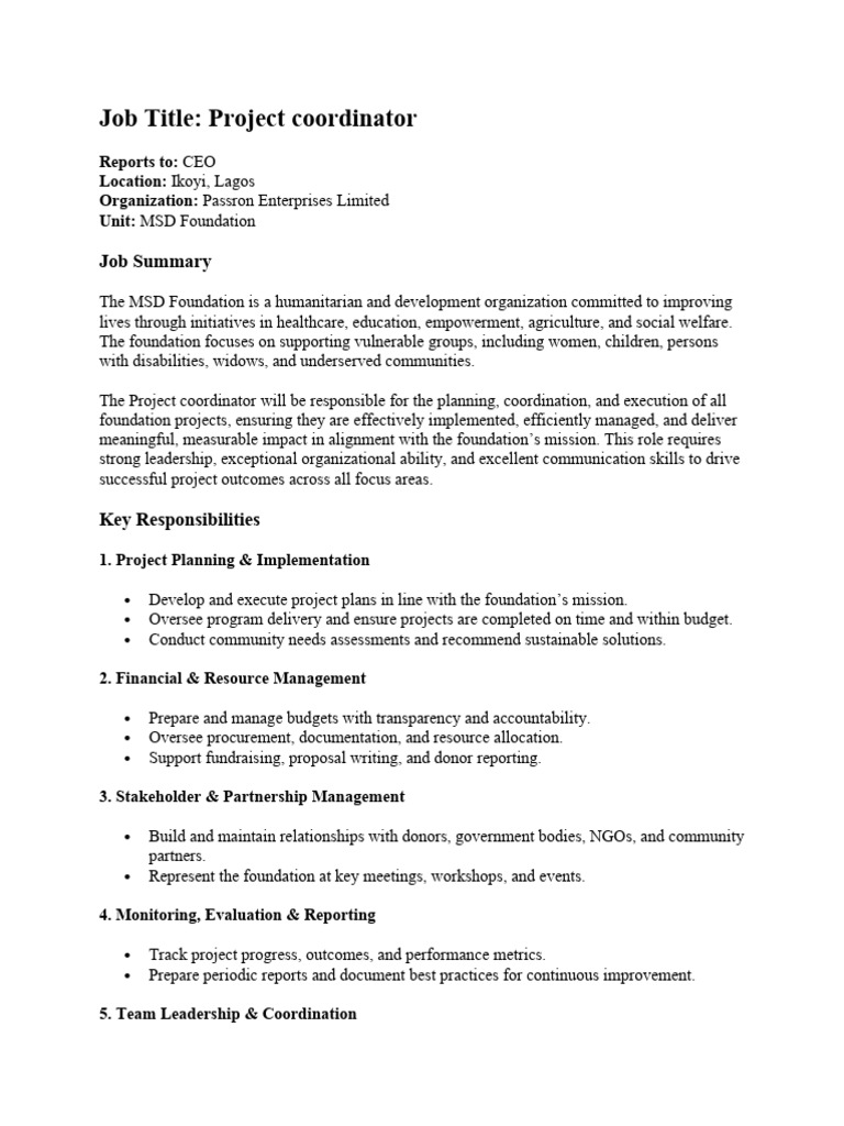 Job Description For Project Coordinator - MSD Foundation | PDF | Non ...