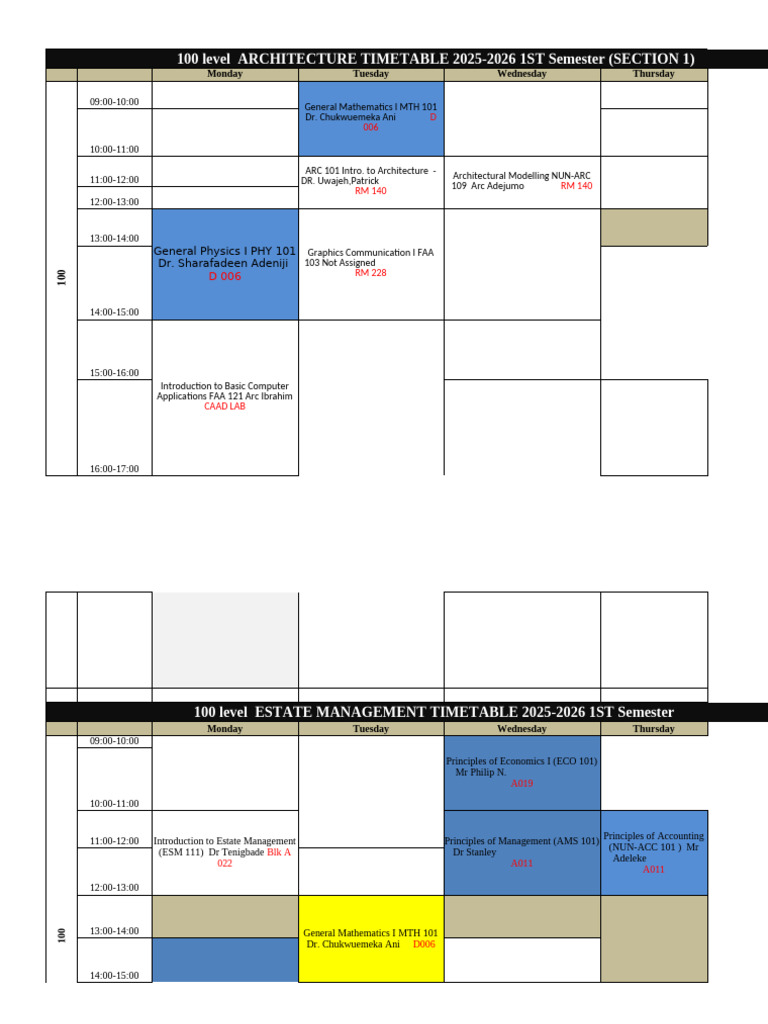 2025-2026 1st Semester Timetable | PDF | Science | Design
