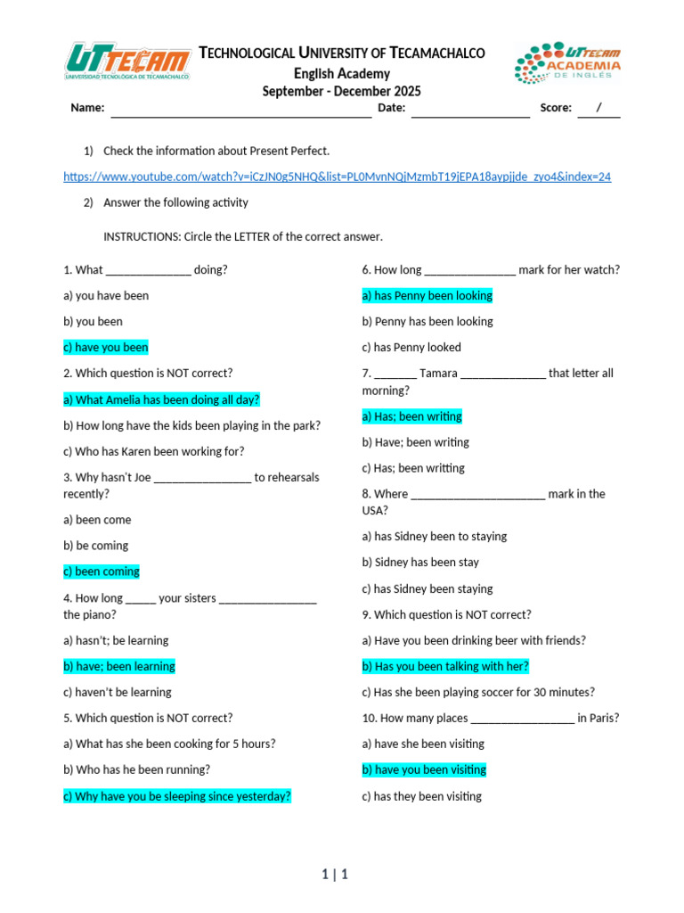 Present Perfect Grammar Quiz | PDF | Chess | Chess Theory
