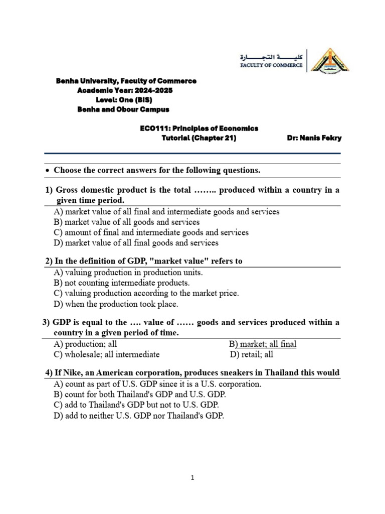 GDP Principles and Tutorial Questions | PDF | Gross Domestic Product ...