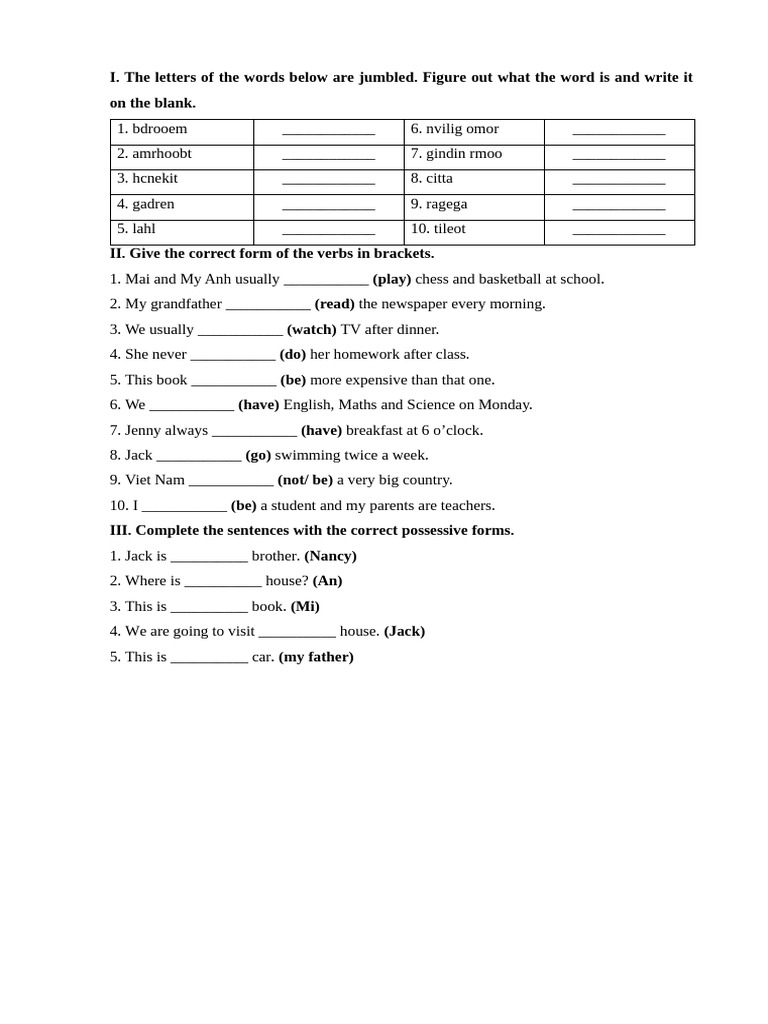 Jumbled Words and Grammar Exercises | PDF