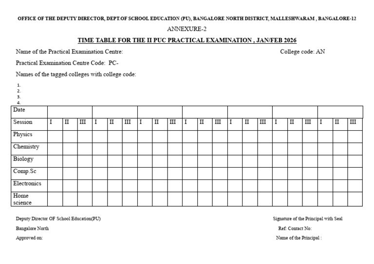 II PUC Practical Exam Timetable 2026 | PDF
