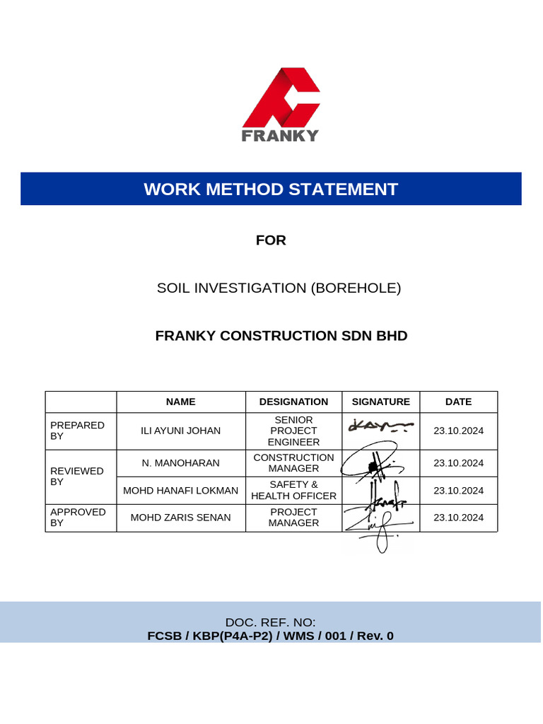 Soil Investigation Method Statement | PDF | Occupational Safety And ...