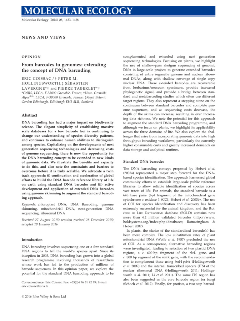 Extending DNA Barcoding with Genomics | PDF | Dna Sequencing | Genomics