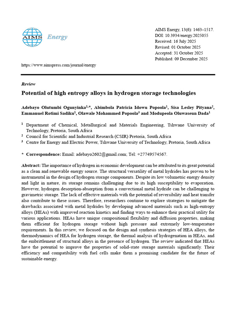 High Entropy Alloys for Hydrogen Storage | PDF | Hydrogen | Adsorption