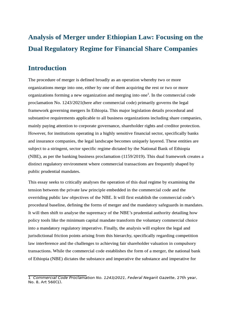 Ethiopian Merger Law: Dual Regulation Analysis | PDF | Mergers And ...