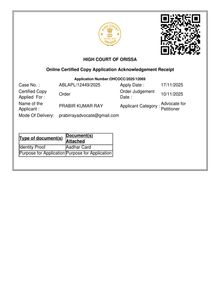 High Court Odisha Certified Copy Receipt | PDF