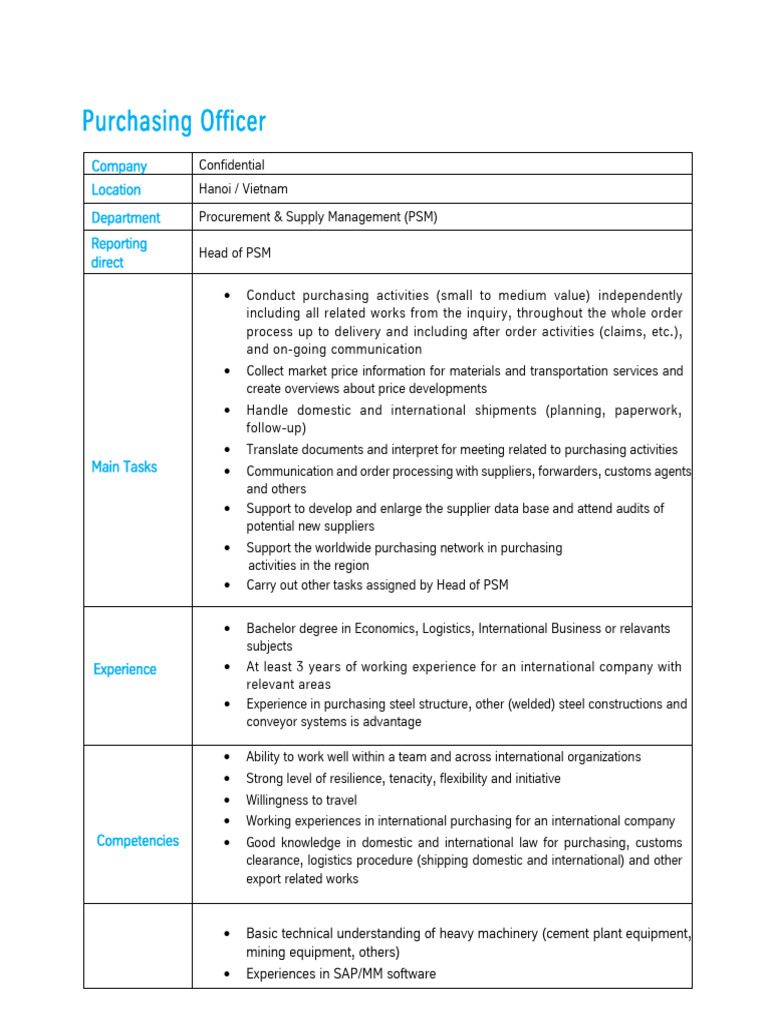 Purchasing Officer Job in Hanoi, Vietnam | PDF | Logistics | Supply Chain