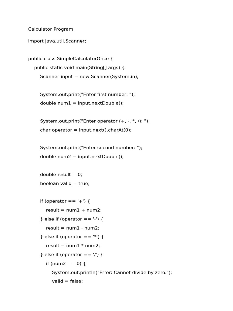 Simple Java Calculator Program | PDF