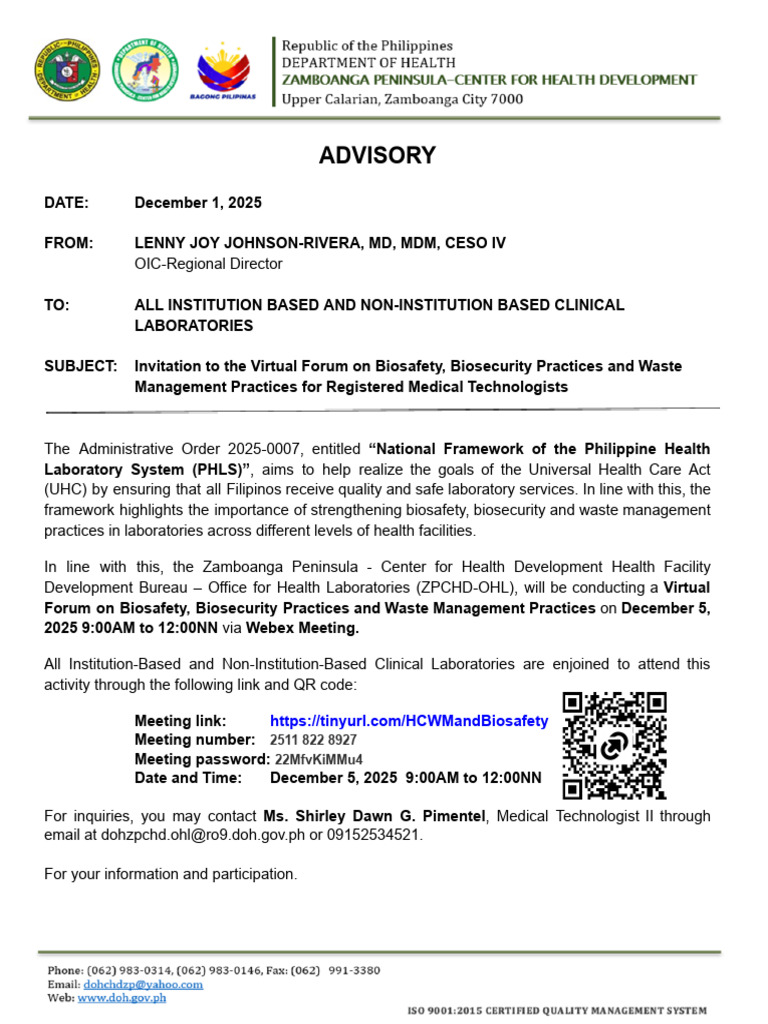 ADVISORY - Virtual Forum On Biosafety and Biosecurity, Waste Management ...