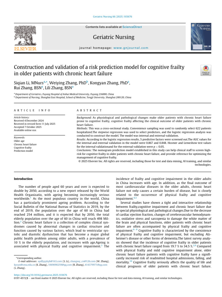 Construction and Validation of A Risk Prediction Model For Cognitive ...