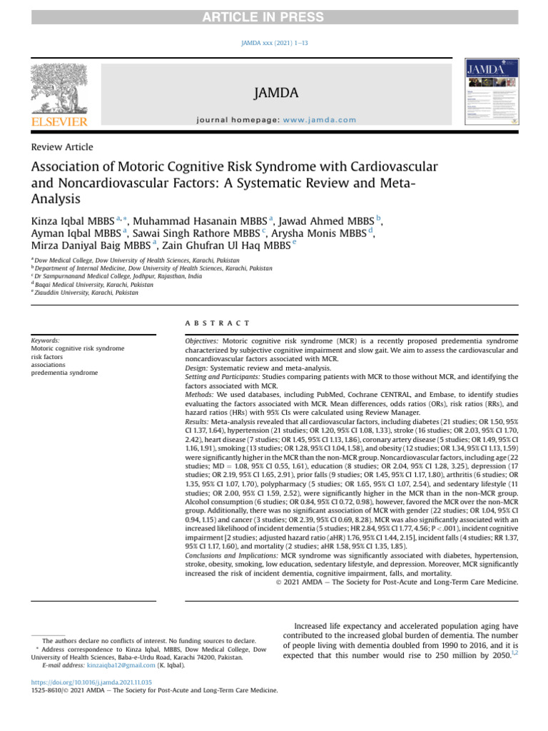 Association of Motoric Cognitive Risk Syndrome With Cardiovascular and ...