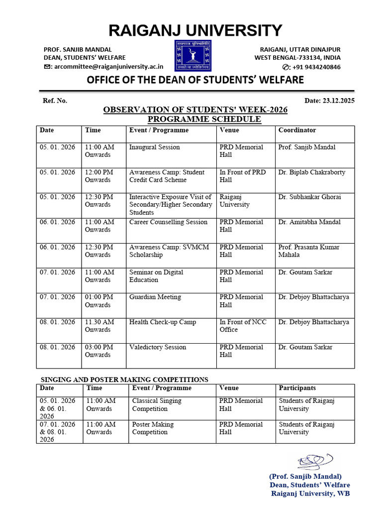 Raiganj University Students' Week 2026 Schedule | PDF