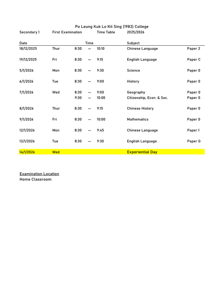 1st Exam Timetable 25-26 Sts V1 | PDF | Science