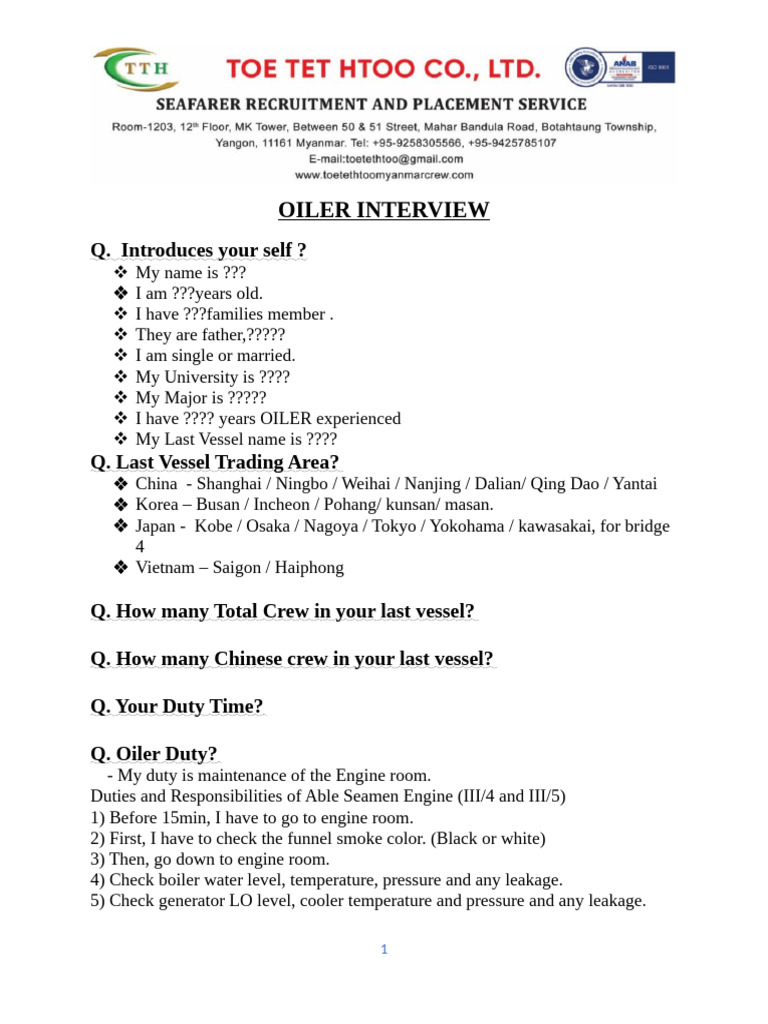 Oiler Interview Questions and Answers | PDF | Valve | Pump