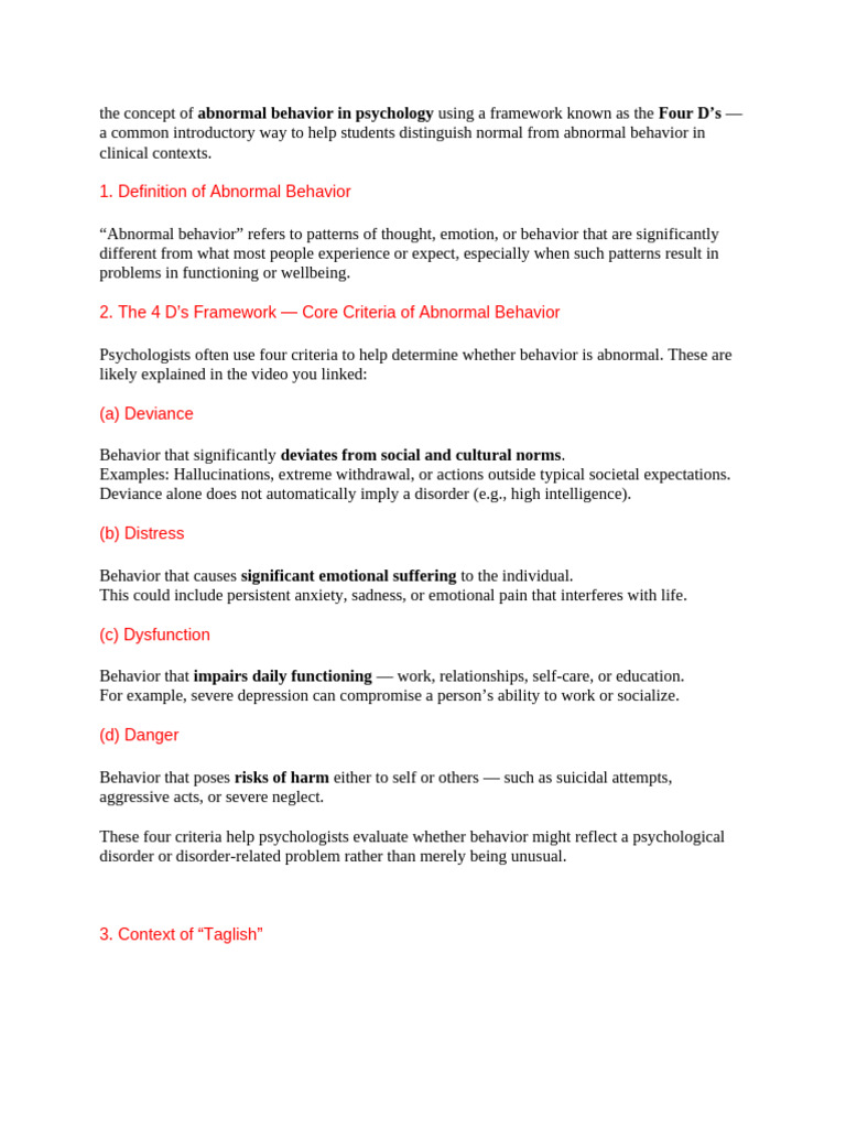 Understanding Abnormal Behavior: The 4 D's | PDF | Mental Disorder ...