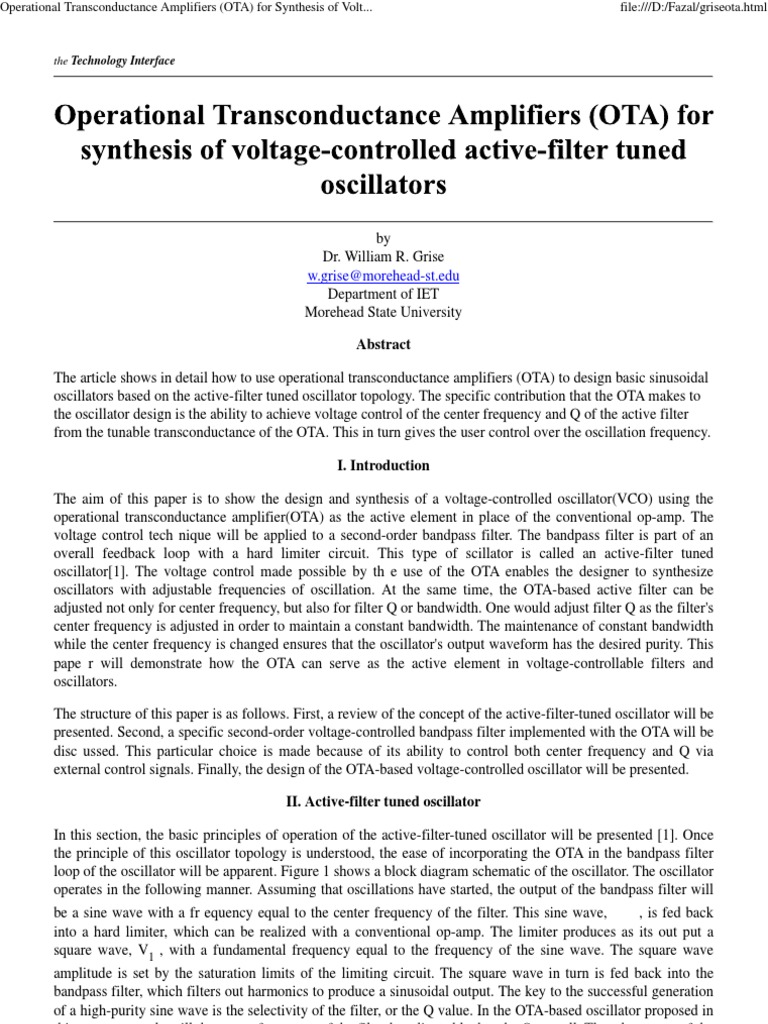 Operational Transconductance Amplifiers (OTA) For Synthesis of Voltage