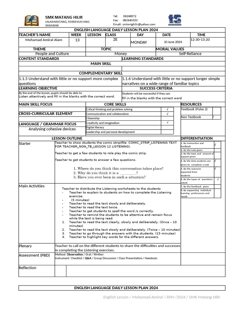 English Daily Lesson Plan 2024 | PDF | Lesson Plan | Teachers