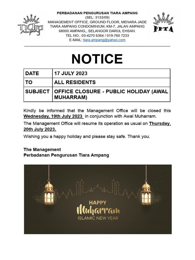 Notice - Public Holiday - Awal Muharam | PDF