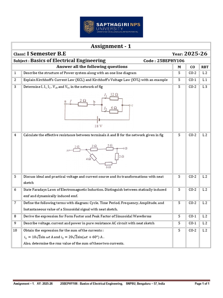 Electrical Engineering Assignment 2025-26 | PDF