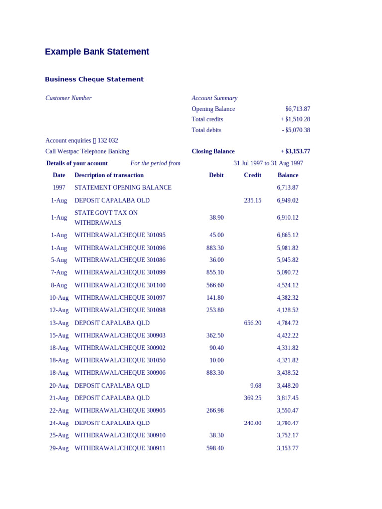 Westpac Business Cheque Statement Summary | PDF | Cheque | Banks