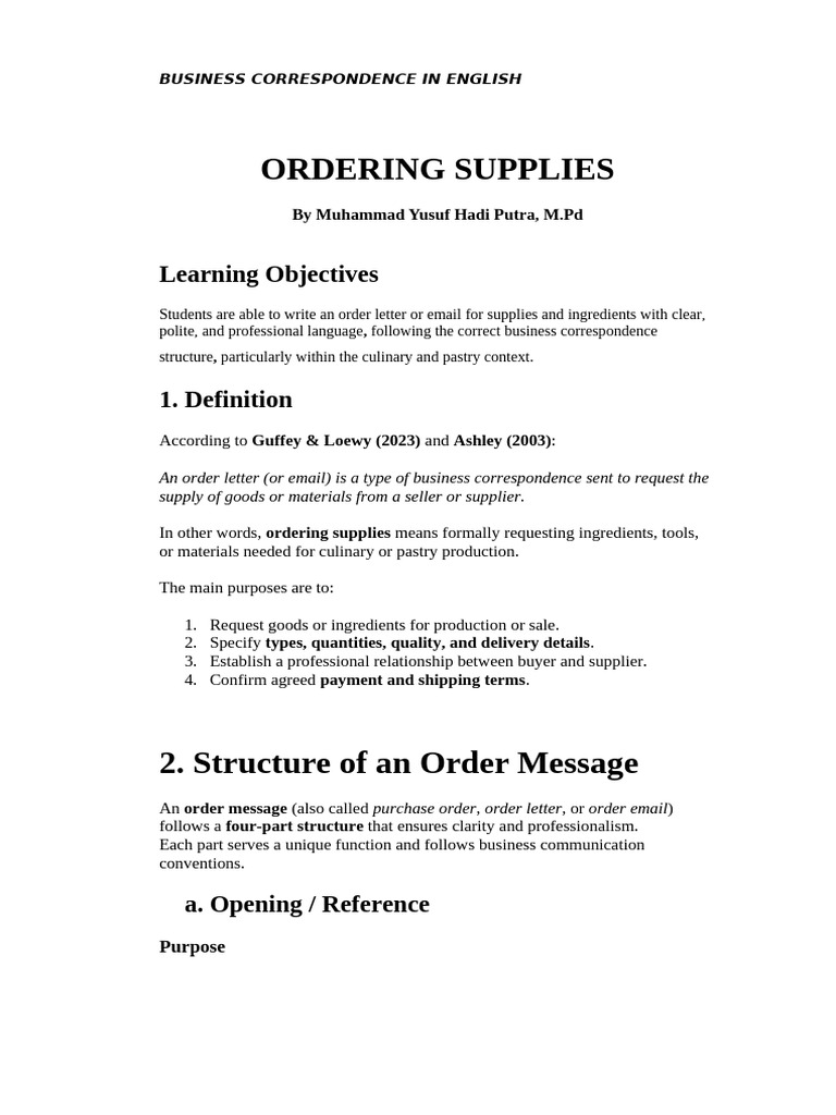 Order Letter Writing for Culinary Supplies | PDF | English Language ...
