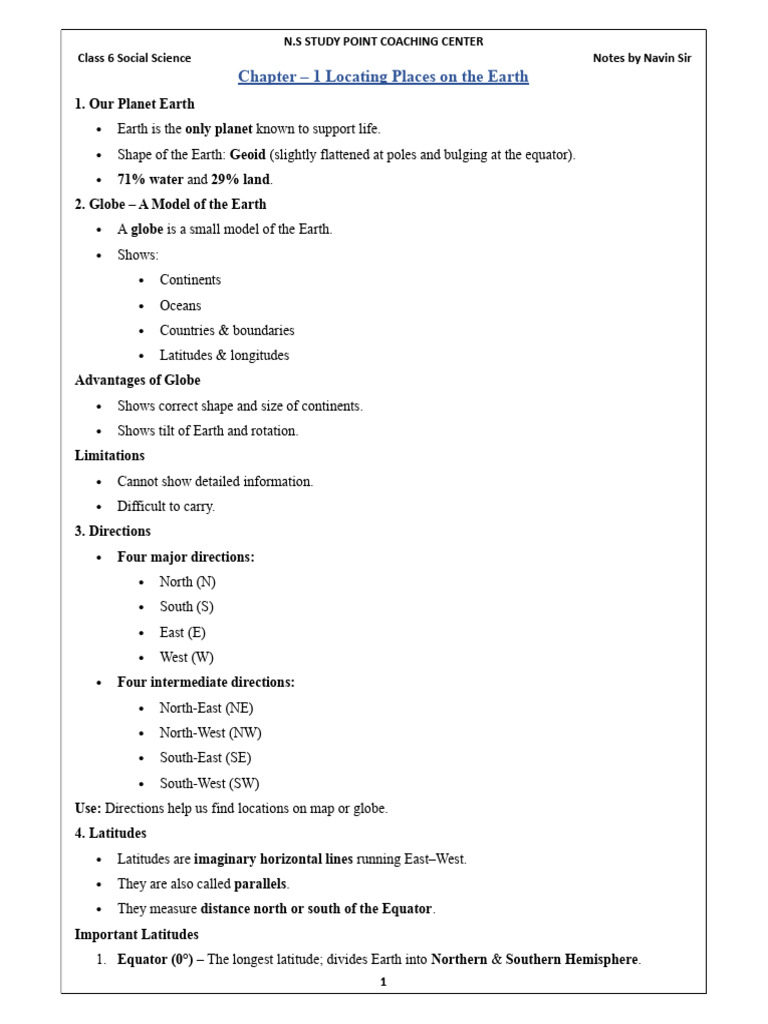 Class 6 Social Science Earth Geography Notes | PDF | Longitude | Equator