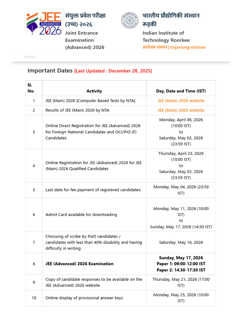JEE Advanced 2026 Important Dates | PDF | Science Education | Recruitment