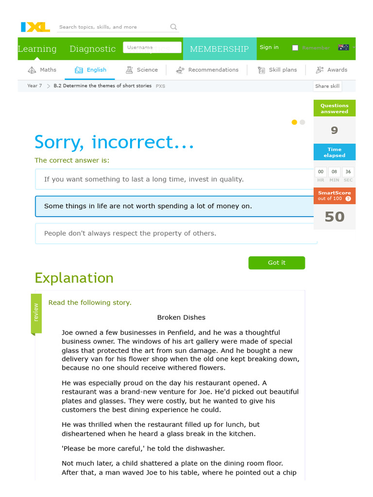 IXL - Determine The Themes of Short Stories (Year 7 English Practice) | PDF
