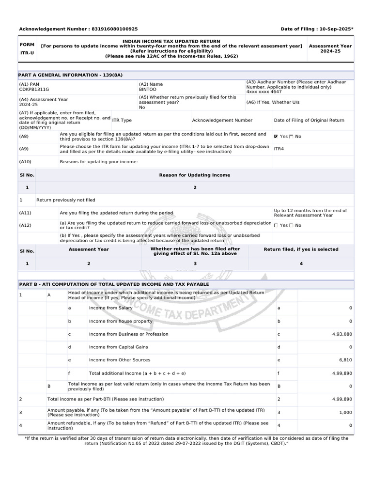 ITR-U Updated Return for AY 2024-25 | PDF