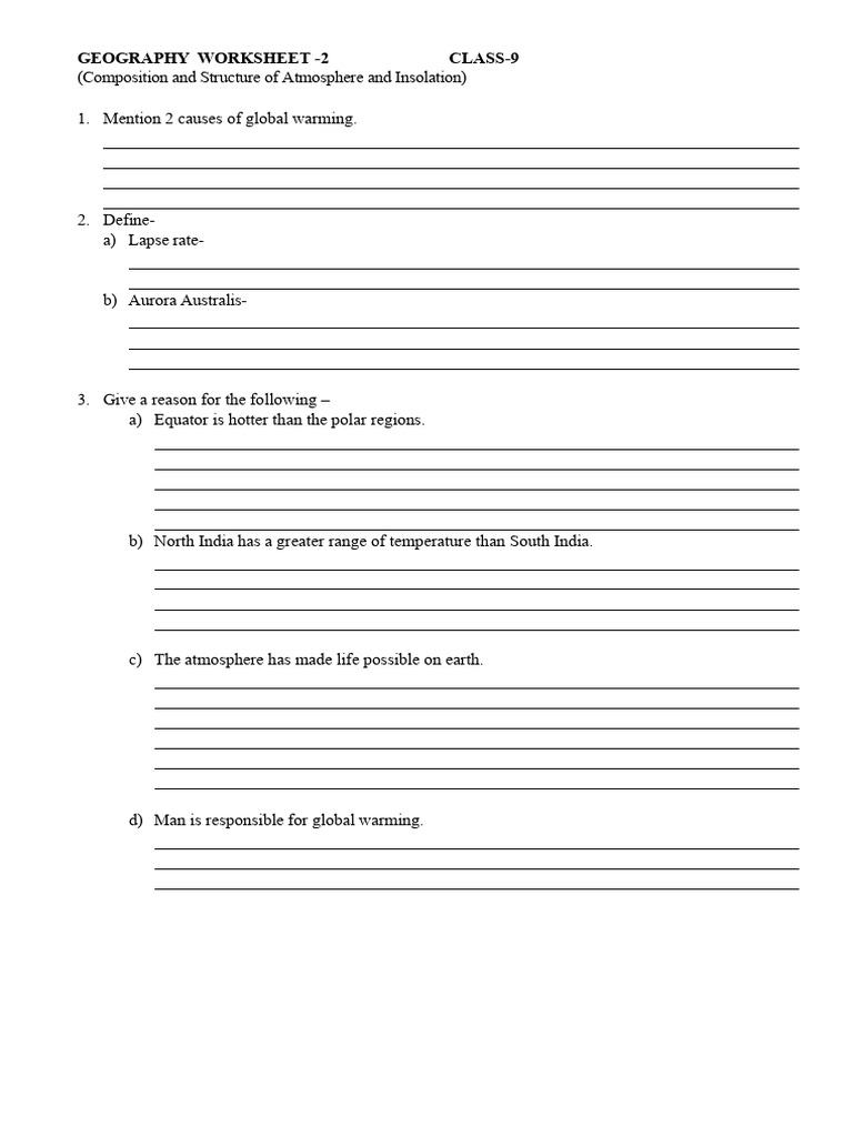 Class 9 Geography: Atmosphere & Climate Worksheet | PDF