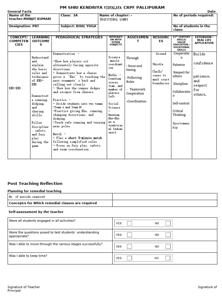 Traditional Games: Kho-Kho Lesson Plan | PDF | Cognition | Intelligence