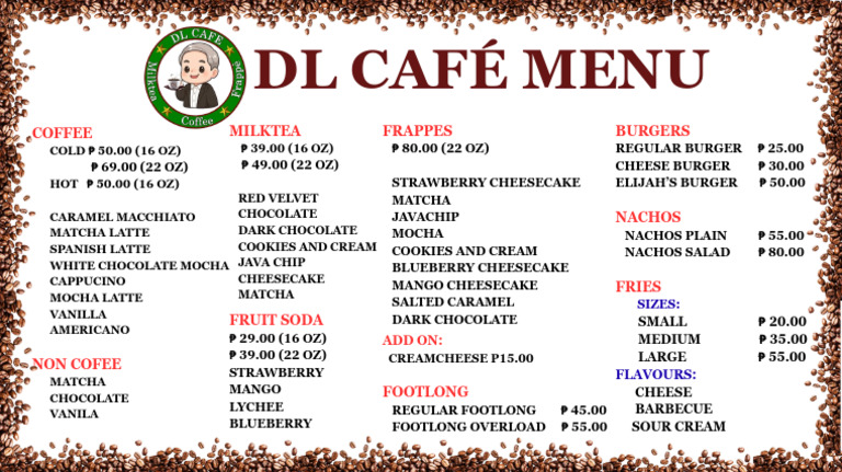 DL Café Menu: Coffee, Milk Tea & Snacks | PDF