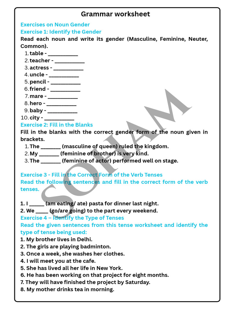Noun Gender and Verb Tense Exercises | PDF